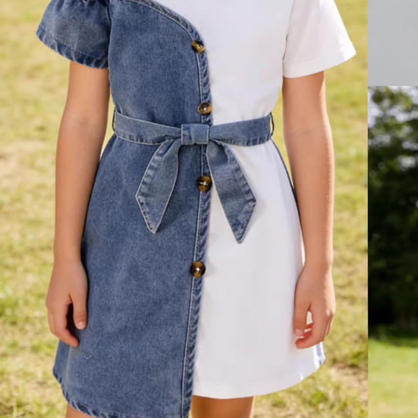 Patchwork Denim Dress with Belt Children Set