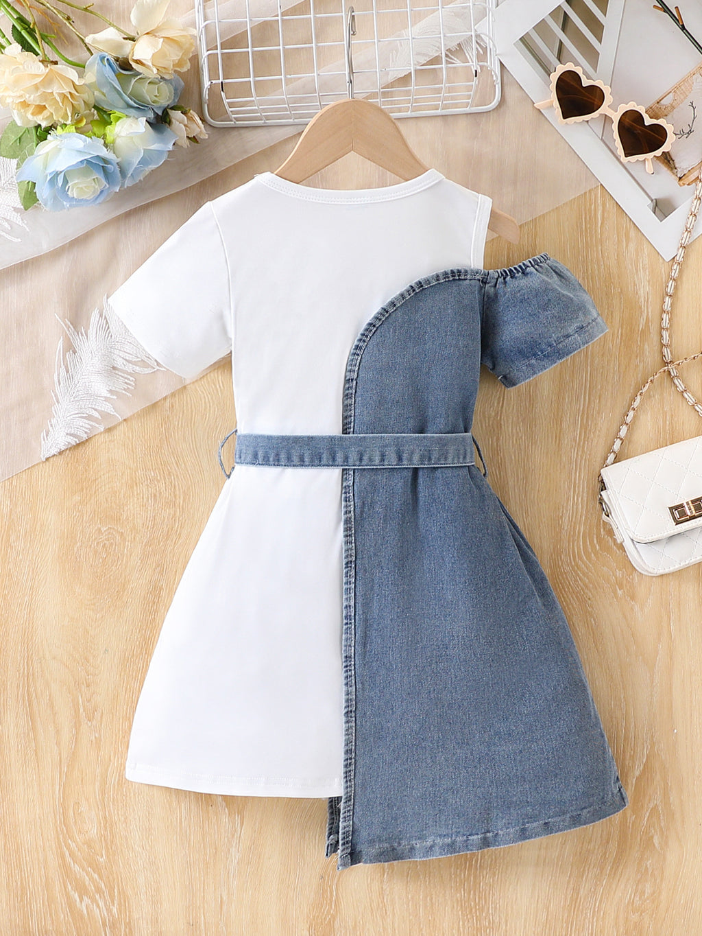 Patchwork Denim Dress with Belt Children Set
