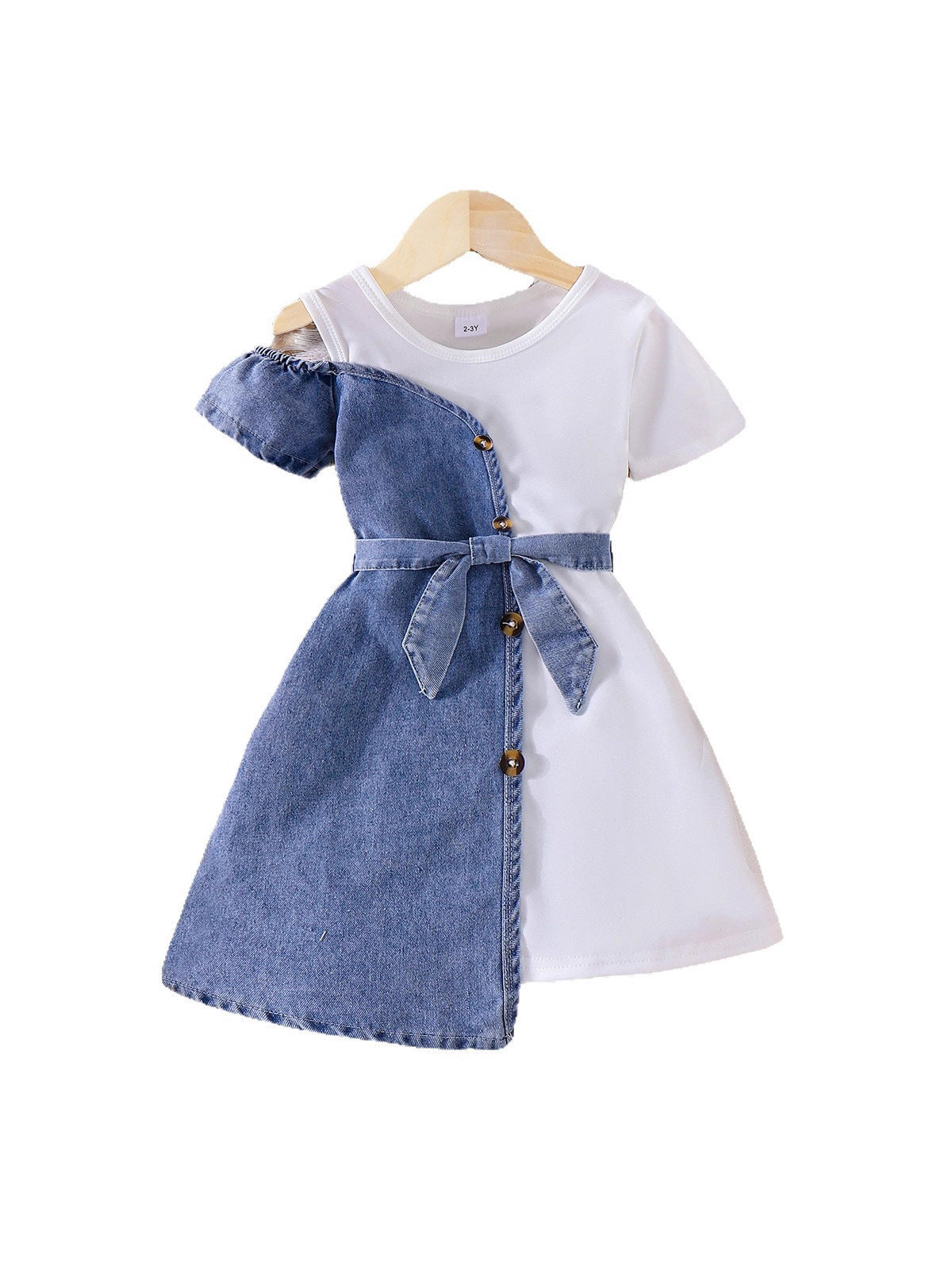Patchwork Denim Dress with Belt Children Set