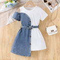 Patchwork Denim Dress with Belt Children Set