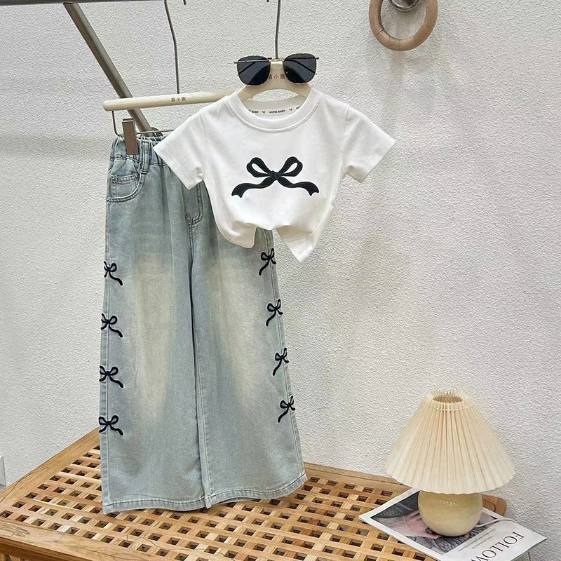 Girls' Summer Thin Set Trendy Big Children Fashionable Street-Style Sports Wide-Leg Pants Summer Outfit