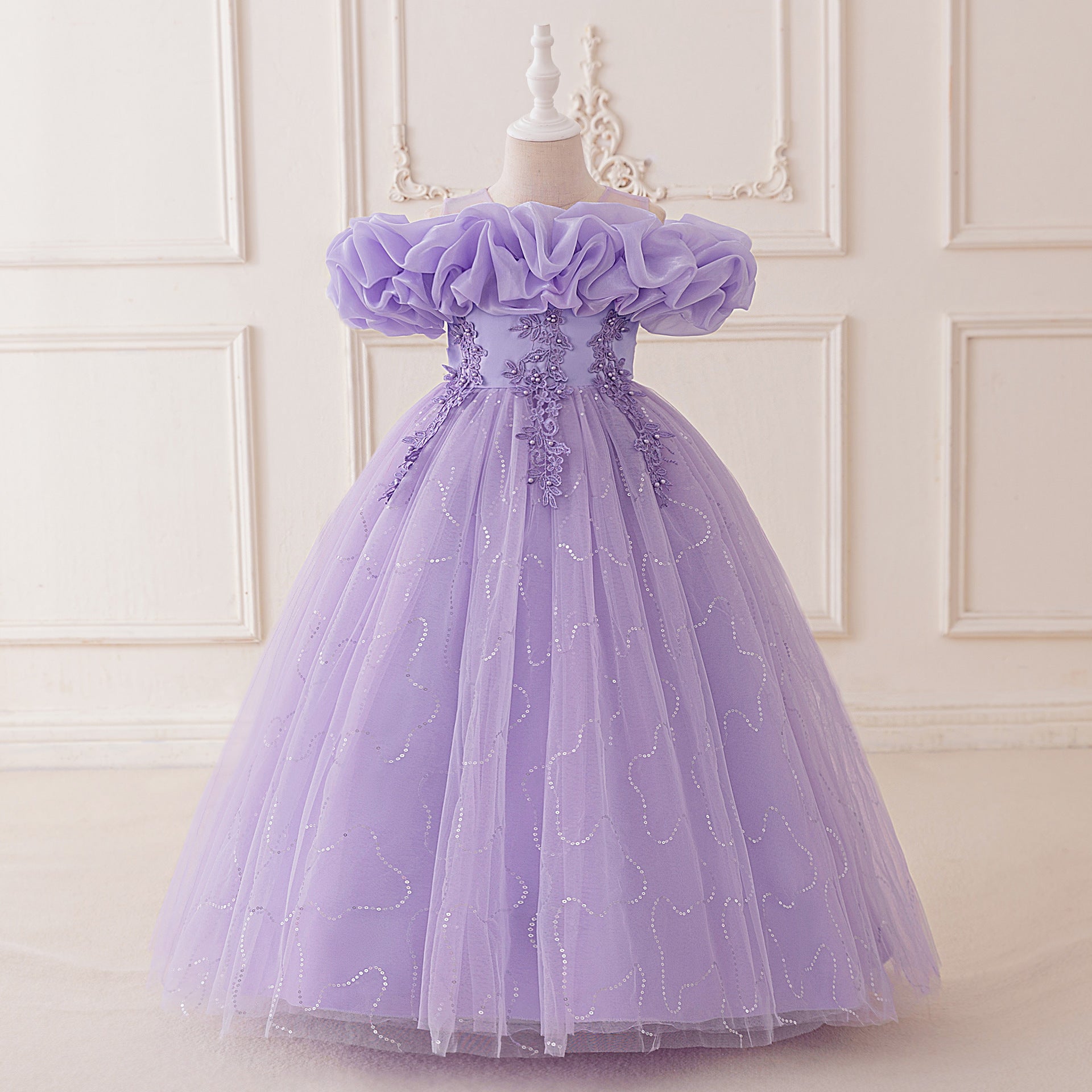 Children Princess Party Dress with Sequin Bubble Sleeves