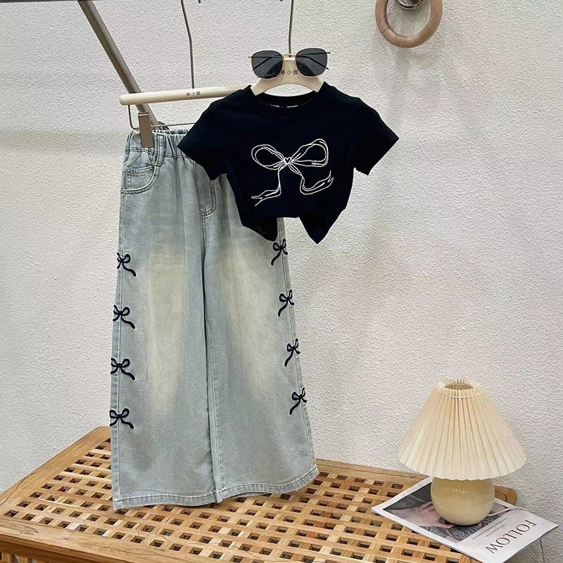 Girls' Summer Thin Set Trendy Big Children Fashionable Street-Style Sports Wide-Leg Pants Summer Outfit
