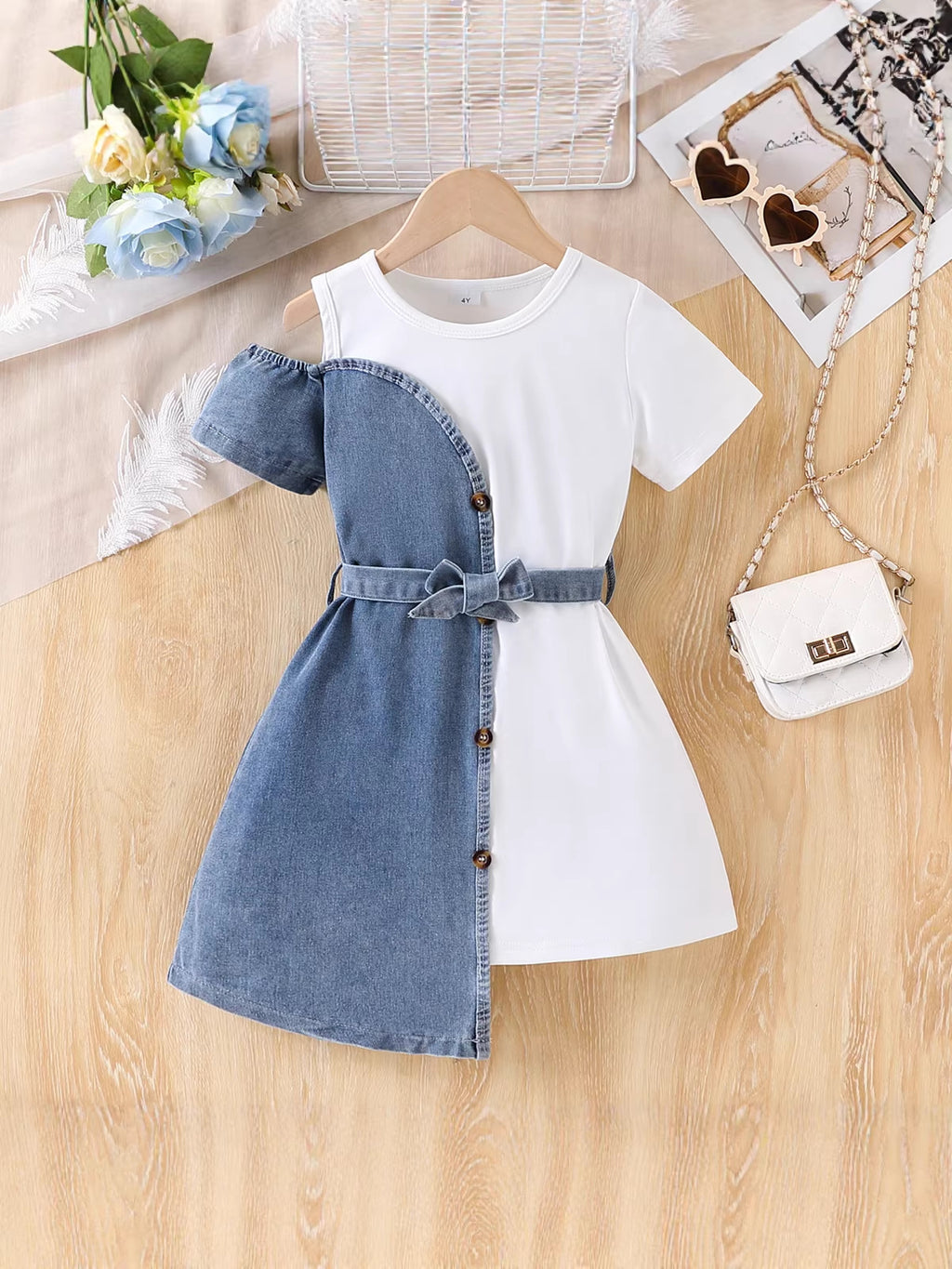 Patchwork Denim Dress with Belt Children Set