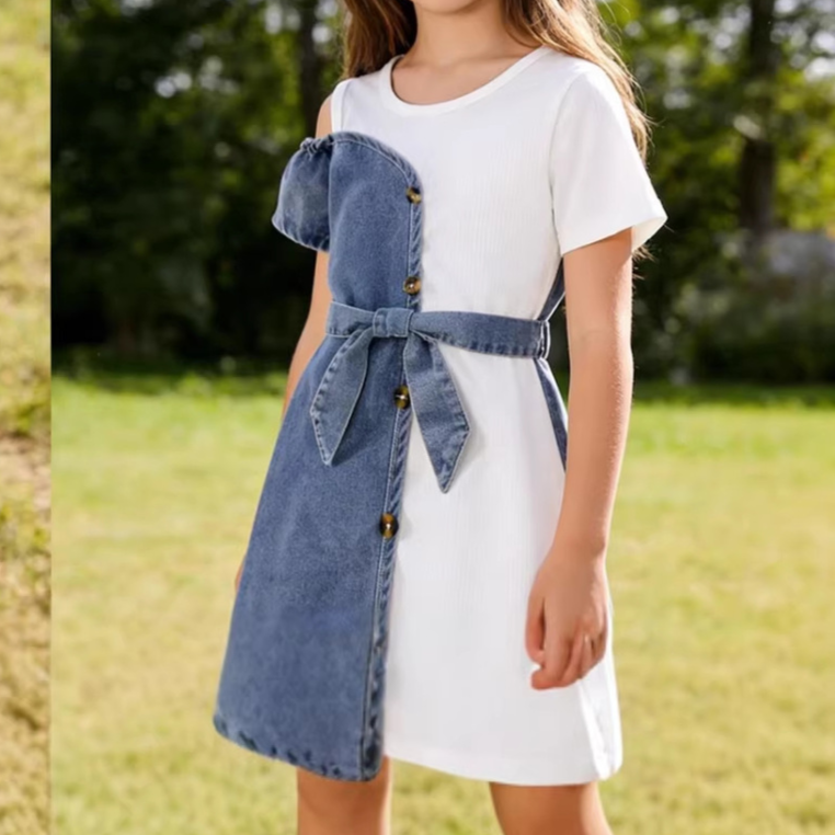 Patchwork Denim Dress with Belt Children Set