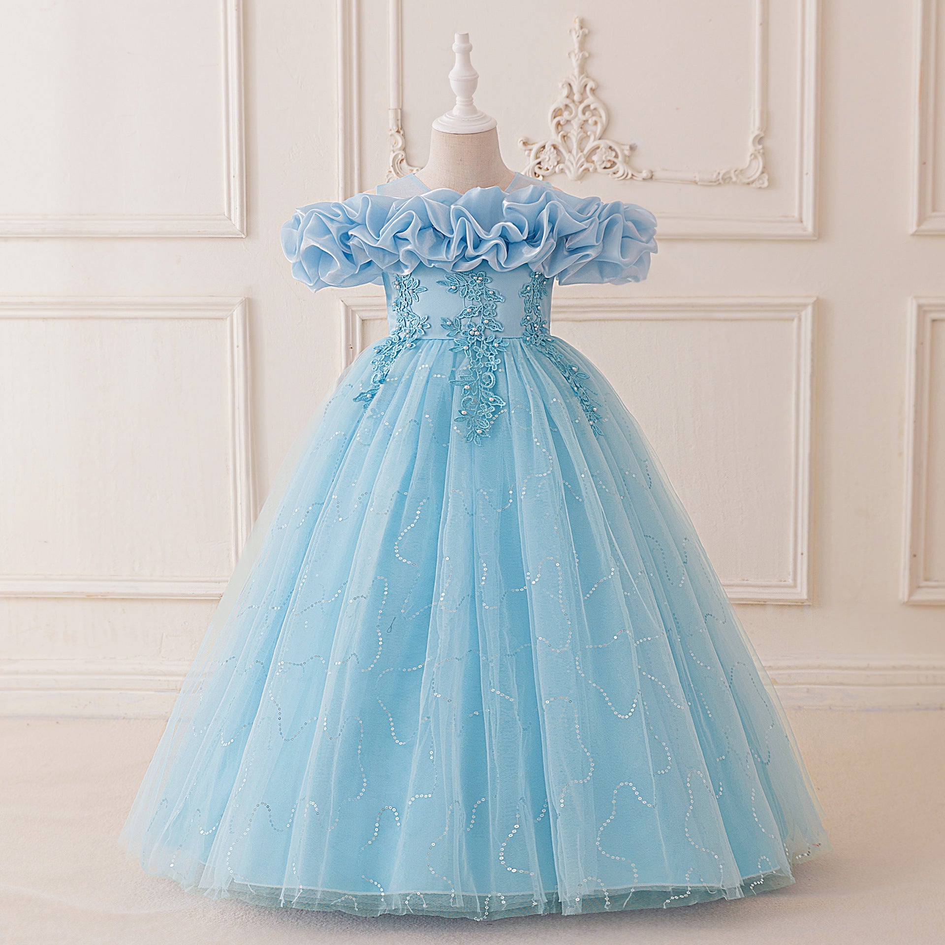 Children Princess Party Dress with Sequin Bubble Sleeves