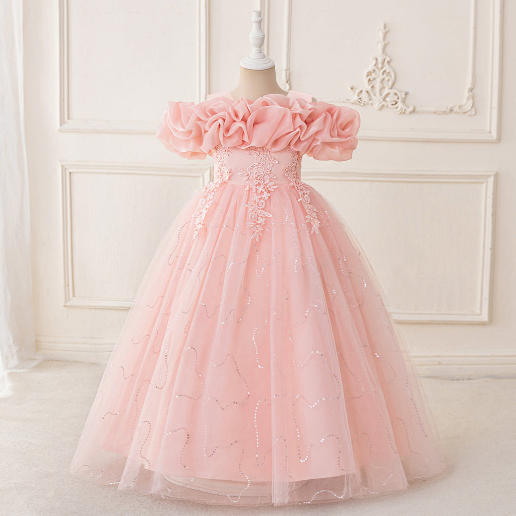 Children Princess Party Dress with Sequin Bubble Sleeves