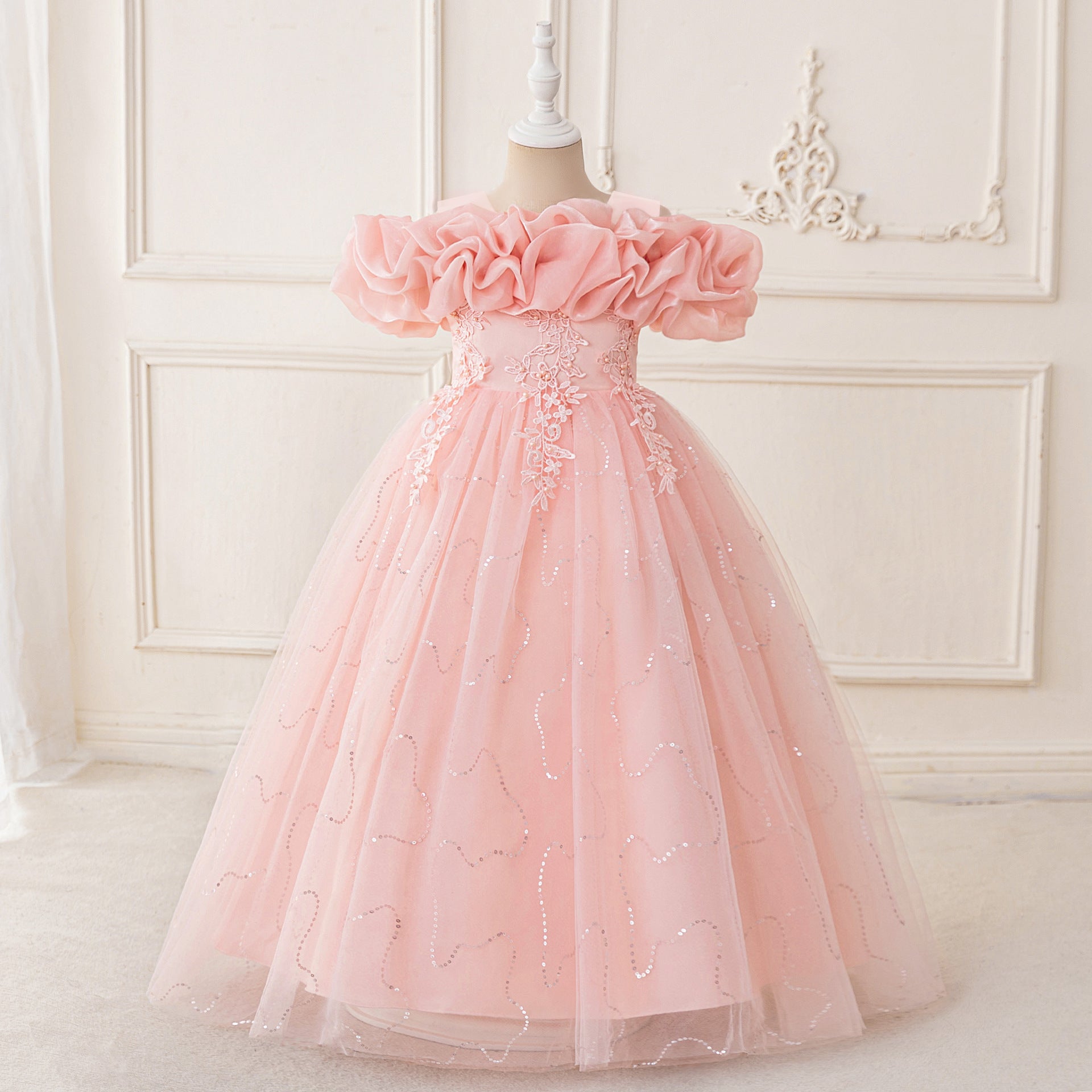 Children Princess Party Dress with Sequin Bubble Sleeves