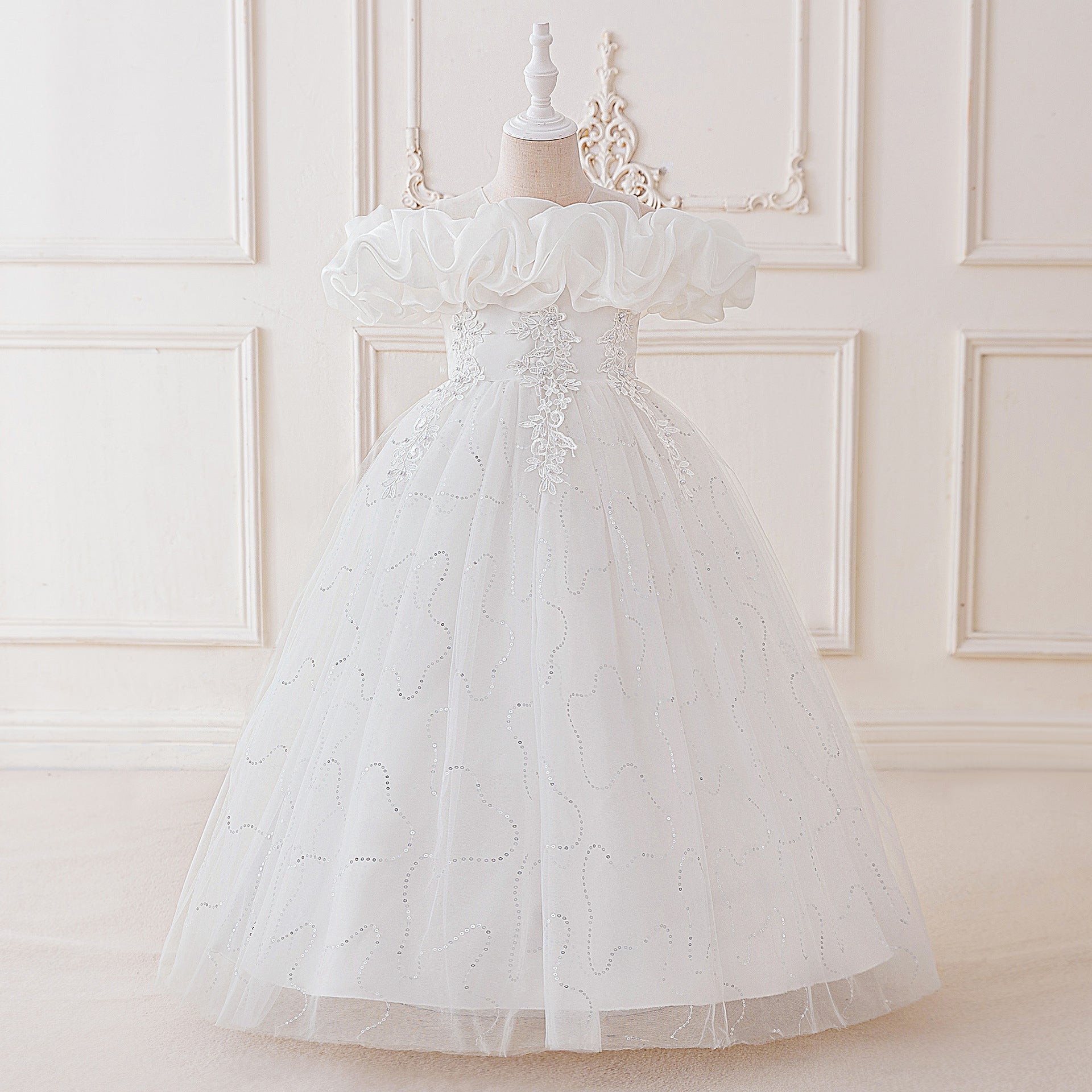 Children Princess Party Dress with Sequin Bubble Sleeves