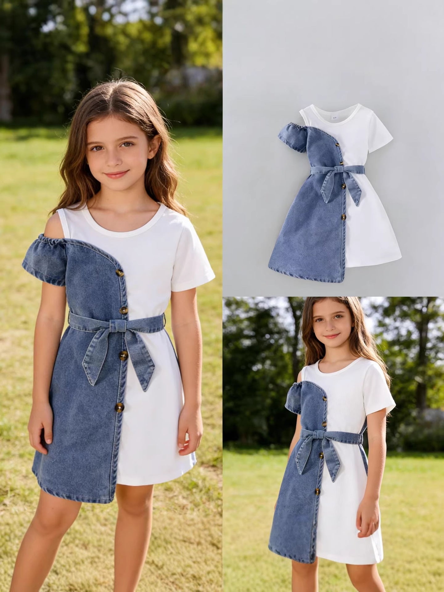 Patchwork Denim Dress with Belt Children Set