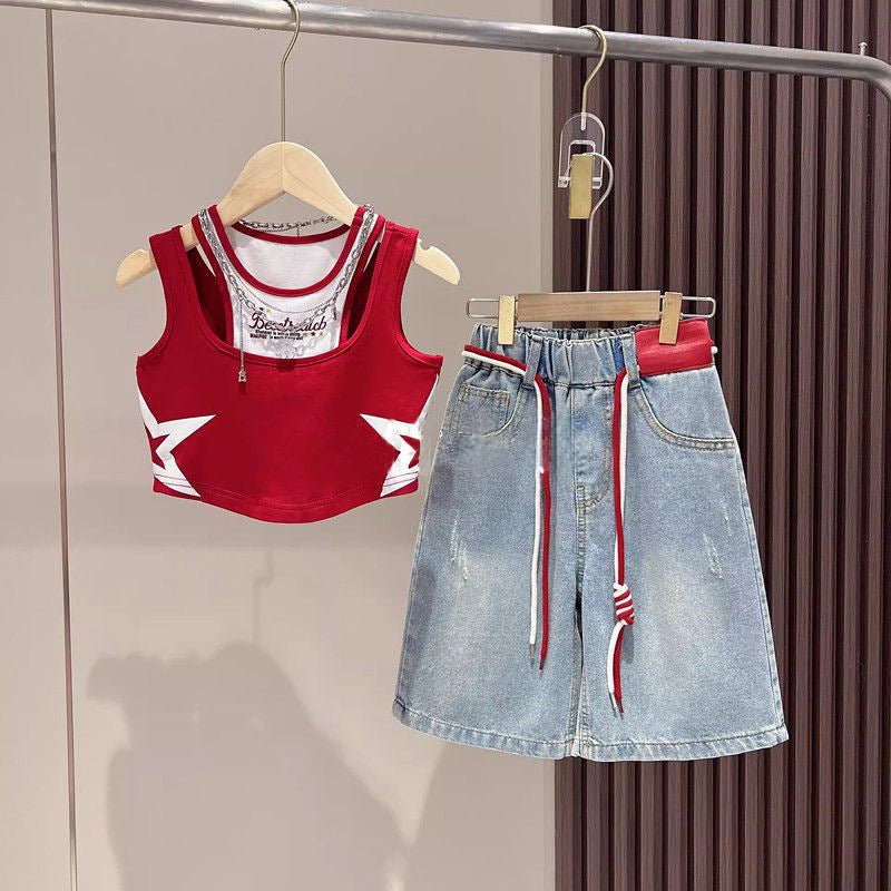 Children Summer Sleeveless Top Denim Shorts